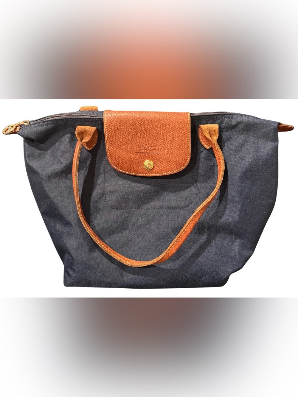 Longchamp Le Pliage Navy Blue Nylon Shoulder Bag Brown Leather 15” Equestrian